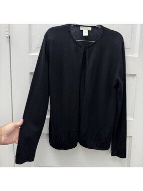 Sutton Studio Black Silk Cashmere Beaded Open Front Cardigan Sweater L